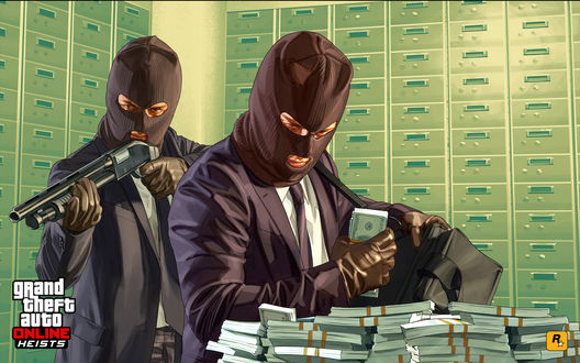 Обои на рабочий стол Grant theft auto Online Heists / ГТА двое мужчин в масках грабят банк складывая деньги в сумку