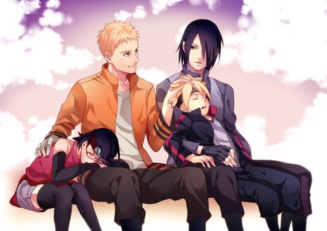 Обои на рабочий стол Наруто Узумаки / Naruto Uzumaki и Саске Учиха / Sasuke Uchih со своими детьми из аниме Боруто: Новое поколение Наруто / Boruto: Naruto Next Generations