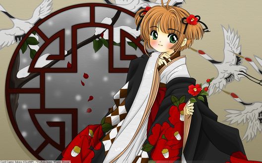 Обои на рабочий стол Сакура Киномото / Sakura Kinomoto в кимоно из аниме Сакура - собирательница карт / Card captor sakura
