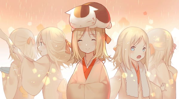 Обои на рабочий стол Nyanko-sensei / Нянко-сенсей из аниме Natsume’s Book of Friends / Natsume Yuujinchou / Тетрадь дружбы Нацумэ сидит на голове у девочки, by &;&;&;J