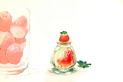 Обои на рабочий стол Птичка сидит на баночке с клубникой, by &;&;&;