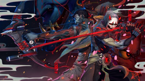 Обои на рабочий стол Genji и Hanzo сражаются спина к спине из игры Overwatch / Дозор, art by Squidsmith
