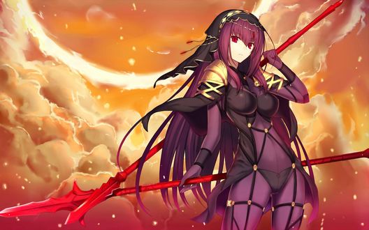 Обои на рабочий стол Lancer / Лансер / Копейщик / Скатах / Sc&;thach / Scathach / Sukasaha из онлайн RPG игры Fate / Grand Order стоит с двумя копьями на фоне оранжевых облаков, автор Kauto