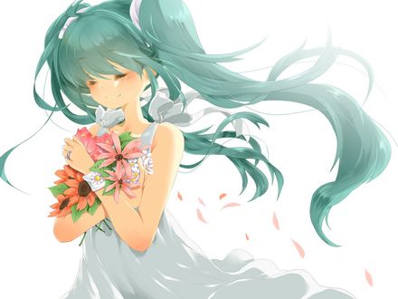 Обои на рабочий стол Вокалоид Хатсуне Мику / Vocaloid Hatsune Miku прижимает к груди букет цветов