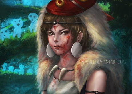 Обои на рабочий стол San / Сан и лесные духи из аниме Принцесса Мононокэ / Mononoke Hime, by Nindei