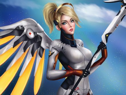 Обои на рабочий стол Mercy / Ангел / Ангела Циглер из игры Overwatch / Дозор, by Nindei