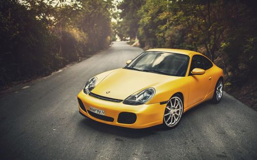 Обои на рабочий стол Желтый Porshe стоит на дороги у леса
