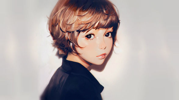 Обои на рабочий стол Девушка с короткой стрижкой смотрит на нас, by Kuvshinov Ilya