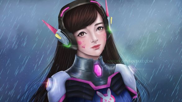 Обои на рабочий стол D. VA / Ханна Сон из игры Overwatch / Дозор на фоне дождя, by Nindei