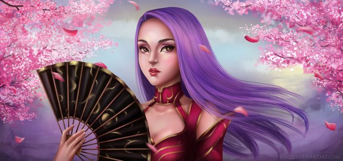 Обои на рабочий стол Персонаж с веером на фоне цветущих деревьев из игры Metin 2 / Метин 2, by Nindei
