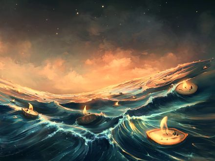 Обои на рабочий стол Множество плывущих на воде огней, by Aquasixio - Cyril ROLANDO