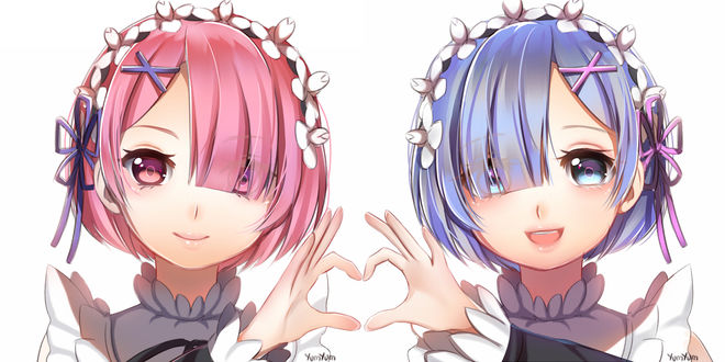 Обои на рабочий стол Rem / Рем и Ram / Рам из аниме Re: Zero kara Hajimeru Isekai Seikatsu / Re: Жизнь с нуля в параллельном мире, by DumplingYumYum