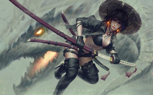 Обои на рабочий стол Девушка в шляпе с оружием в руках, by GUWEIZ