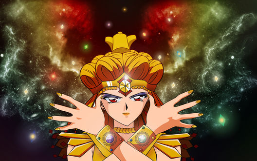 Обои на рабочий стол Сейлор Галаксия / Sailor Galaxia из аниме Красавица-воин Сейлор Мун Сейлор-звезды / Bishoujo Senshi Sailor Moon Sailor Stars в окружении звездных семян на фоне галактик в космосе, автор rmmr111