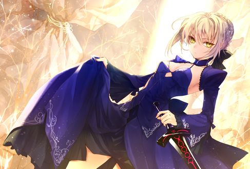 Обои на рабочий стол Сейбер Альтер / Saber Alter / Dark Saber из визуальной новеллы Fate / stay night с мечом в руке поднимает подол своего платья, автор Nokcy