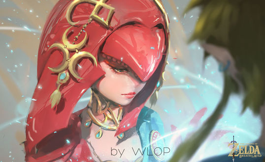 Обои на рабочий стол Mipha / Мифа принцесса народа Зора в красной накидке стоит перед Link / Линк, персонажи из игры The Legend of Zelda: Breath of the Wild, by WLOP
