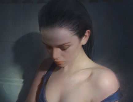 Обои на рабочий стол Девушка стоит за окном, by Wangjie Li