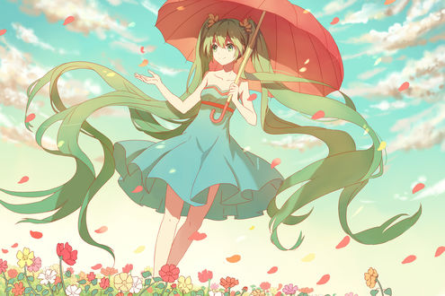 Обои на рабочий стол Вокалоид Мику Хацунэ / Miku Hatsune идет по полю цветов, держа зонт в руке