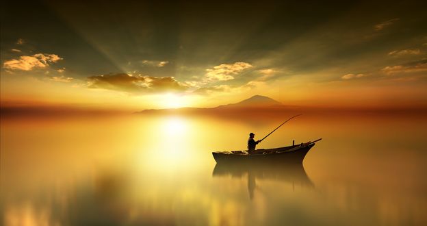 Обои на рабочий стол Рыбак в лодке на фоне заката, фотограф Anna Ovatta
