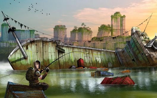 Обои на рабочий стол Мужчина рыбачит на воде, затопившей руины заброшенного города, на заднем плане покосившиеся многоэтажки, на которых растут деревья, мох и зелень