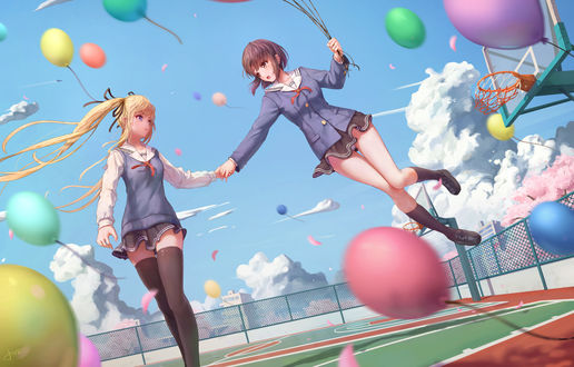 Обои на рабочий стол Мэгуми Като / Megumi Katou и Эрири Спенсер Савамура / Eriri Spencer Sawamura из аниме Как воспитать героиню из обычной девушки / Saenai Heroine no Sodatekata, на баскетбольной площади на фоне воздушных шаров, by jaychau