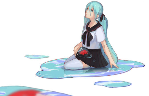 Обои на рабочий стол Вокалоид Хатсуне Мику / Vocaloid Hatsune Miku в матроске сидит в луже с рыбкой в пузыре на коленях