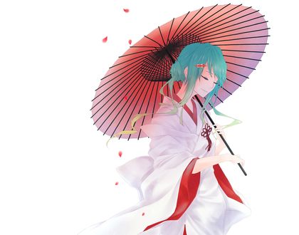 Обои на рабочий стол Вокалоид Хатсуне Мику / Vocaloid Hatsune Miku в кимоно с зонтом на белом фоне
