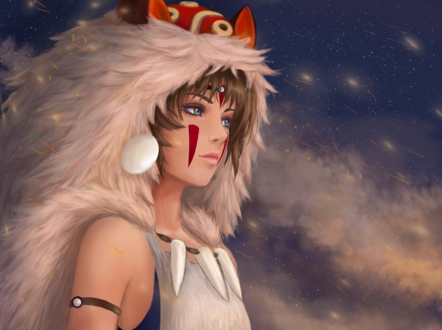 Обои на рабочий стол Сан / San из аниме Принцесса Мононокэ / Mononoke Hime на фоне звездного неба, art by Tigress1314