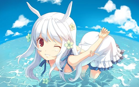 Обои на рабочий стол Девушка с ушками кролика стоит в воде