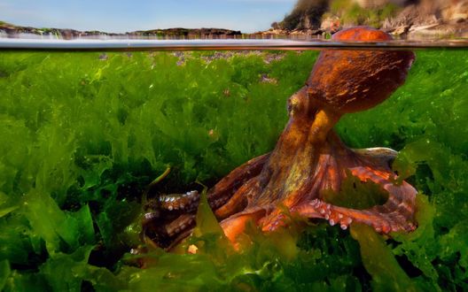 Обои на рабочий стол Осьминог в зарослях водорослей