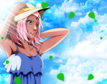 Обои на рабочий стол Сакура Харуно / Sakura Haruno смотрит куда то в сторону придерживая шляпку руками из аниме Наруто / Naruto, by IIYametaII