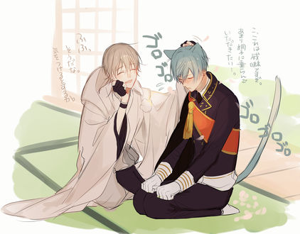 Обои на рабочий стол Ichigo Hitofuri / Ичиго Хитофури и Tsurumaru Kuninaga / Тсурумару Кунинага сидят на татами из игры Touken Ranbu / Танец мечей