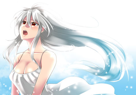 Обои на рабочий стол Вокалоид Йоване Хаку / vocaloid Yowane Haku в белом платье с длинными серебристыми волосами
