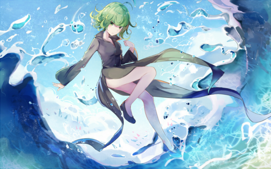 Обои на рабочий стол Тацумаки / Торнадо / Senritsu no Tatsumaki из аниме и манги Ванпанчмен / One Punch Man парит над водой, автор оригинала 迷途羊