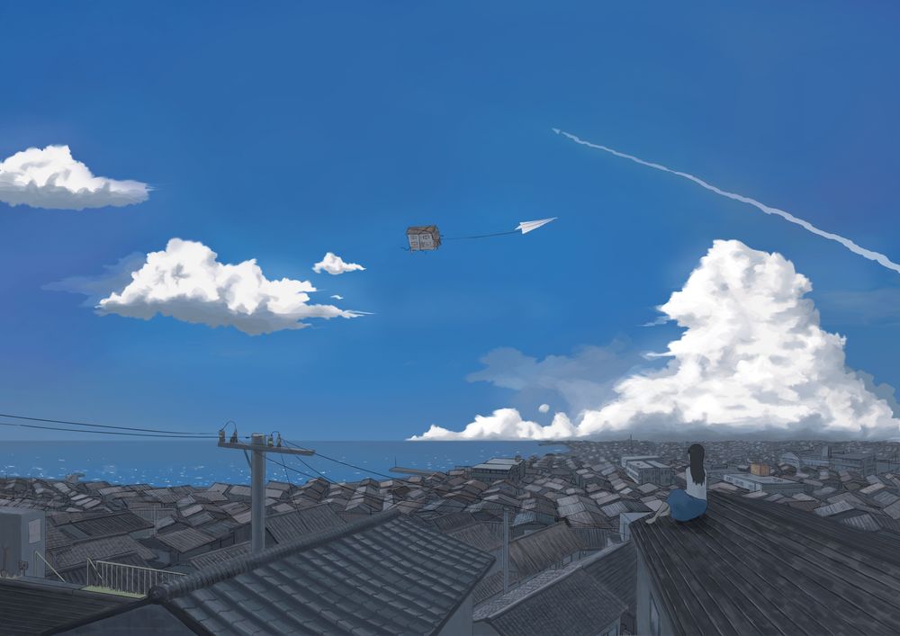 Обои для рабочего стола Девушка сидит на крыше и смотрит на, летящей по небу дом, привязанный к бумажному самолетику, by &;&;&;&;