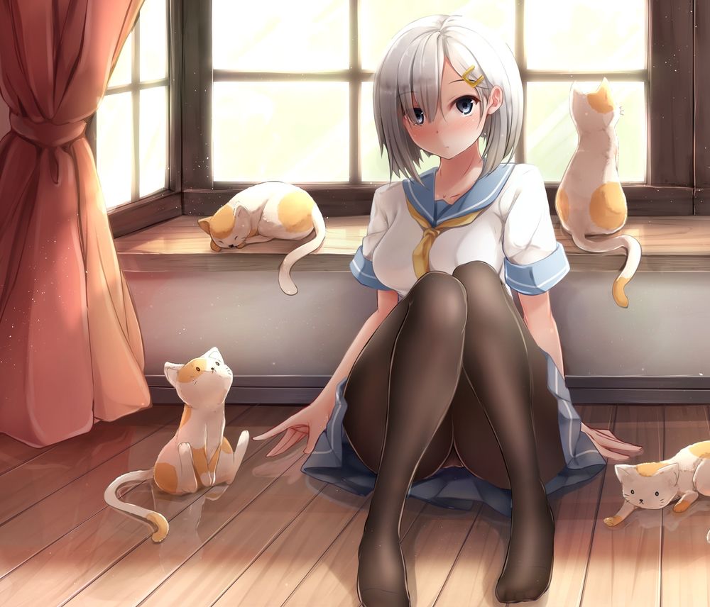 Обои для рабочего стола Девушка сидит на полу, ее окружают четыре кота