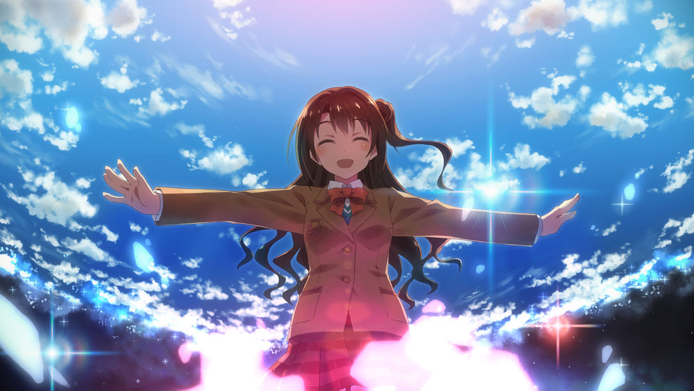 Обои для рабочего стола Узуки Шимамура / Shimamura Uzuki из аниме Девушки - золушки / Cinderella Girls, стоит расставив руки в разные стороны на фоне ясного неба
