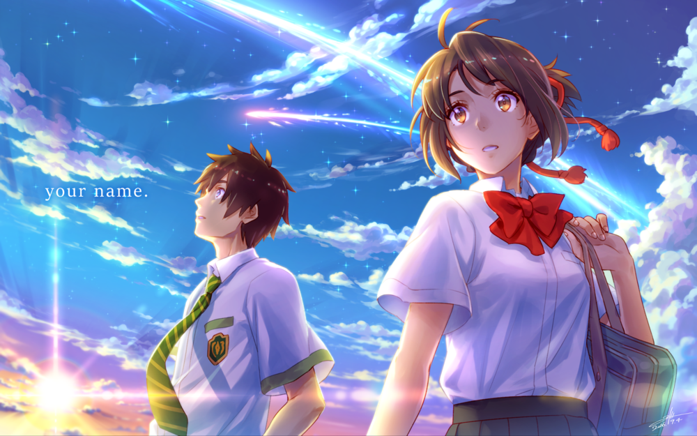 Обои для рабочего стола Таки Тачибана / Taki Tachibana и Мицуха Миямизу / Mitsuha Miyamizu из аниме Твое имя / Kimi no Na wa