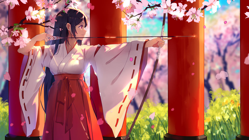 Обои для рабочего стола Девушка в кимоно целится из лука, стоя под цветущей сакурой