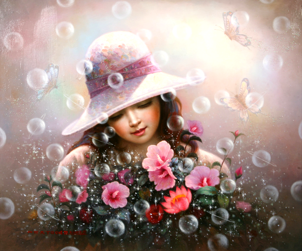 Обои для рабочего стола Девочка в шляпке с цветами на фоне мыльных пузырей и бабочек