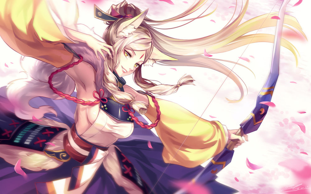 Обои для рабочего стола Девушка с луком в руках из игры Onmyouji ~Heian Ayakashi Kitan~, автор 1991