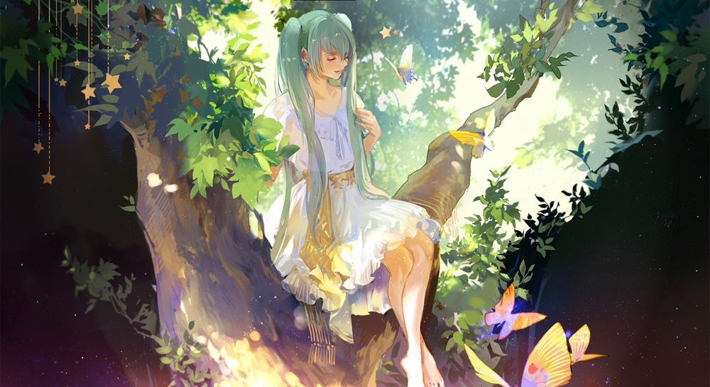 Обои для рабочего стола Вокалоид Мику Хацунэ / Hatsune Miku сидящая на дереве, автор Achyue