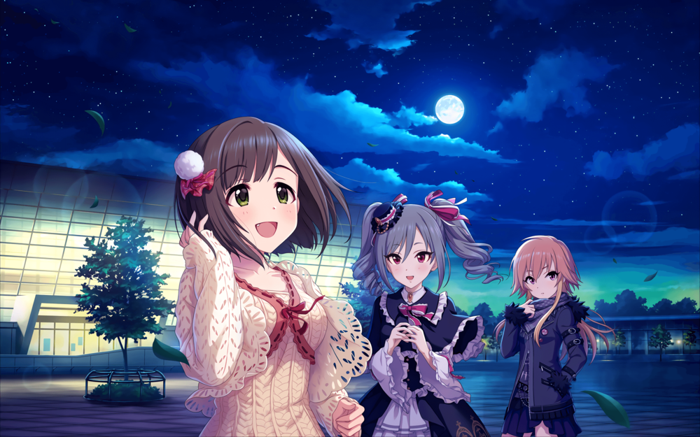 Обои для рабочего стола Мику Маэкава / Maekawa Miku, Ранко Канзаки / Kanzaki Ranko и Аска Ниномия / Ninomiya Asuka из аниме Идолмастер: Девушки-Золушки / Idolmaster / THE iDOLM@STER: Cinderella Girls стоят возле аэропорта в лунную ночь