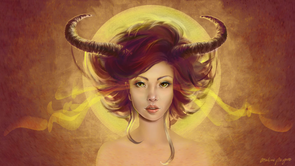 Обои для рабочего стола Рогатая рыжеволосая девушка на фоне круга, by LenamoArt