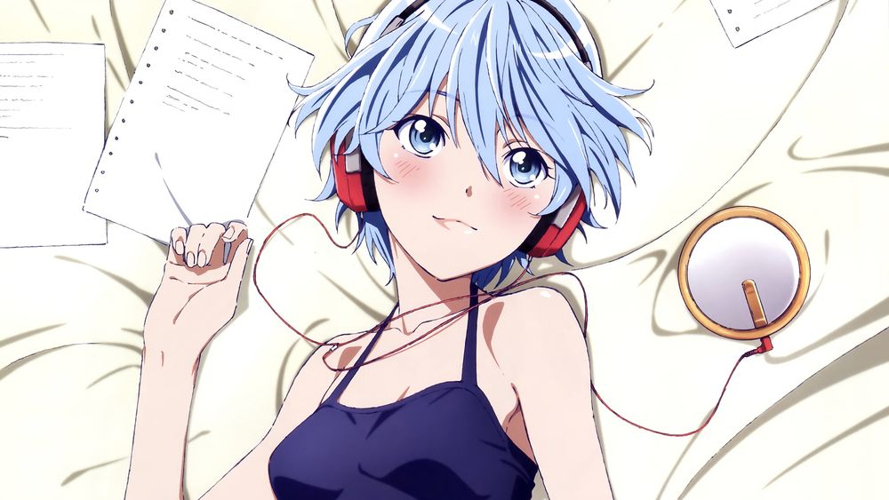 Обои для рабочего стола Фука Акицуки / Fuuka Akitsuki из аниме Фука / Fuuka, в наушниках лежит на кровати