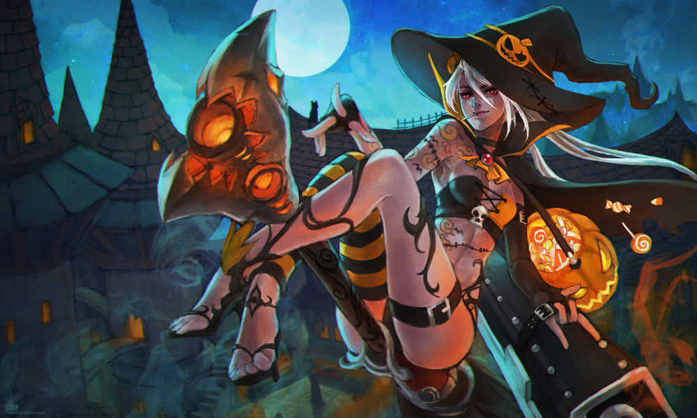 Обои для рабочего стола Белокурая красноглазая Джинкс / Jinx из игры Лига Легенд / League of Legends в образе ведьмы летит над крышами домов на Хэллоуин / Halloween, by MonoriRogue
