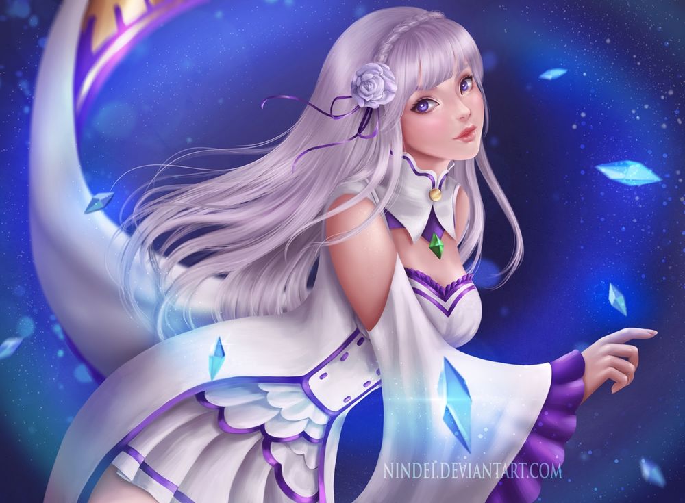 Обои для рабочего стола Эмилия / Emilia из аниме Re: Жизнь в альтернативном мире с нуля / Re:Zero kara Hajimeru Isekai Seikatsu, by Nindei
