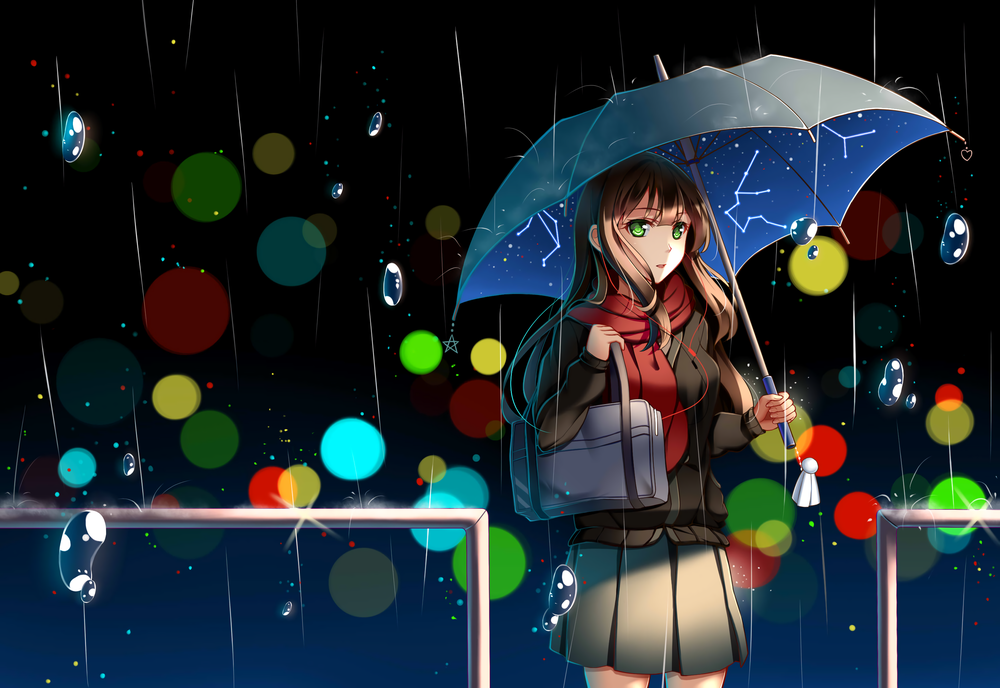 Обои для рабочего стола Рин Сибуя / Rin Shibuya из аниме Идолмастер: Девушки-золушки / The iDOLM@STER Cinderella Girls, с зонтом в руке стоит под дождем