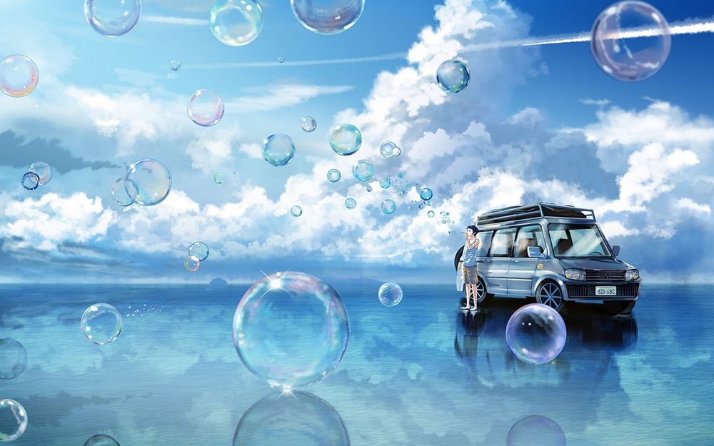 Обои для рабочего стола Парень стоит в воде у машины и запускает в небо мыльные пузыри, by Fusui