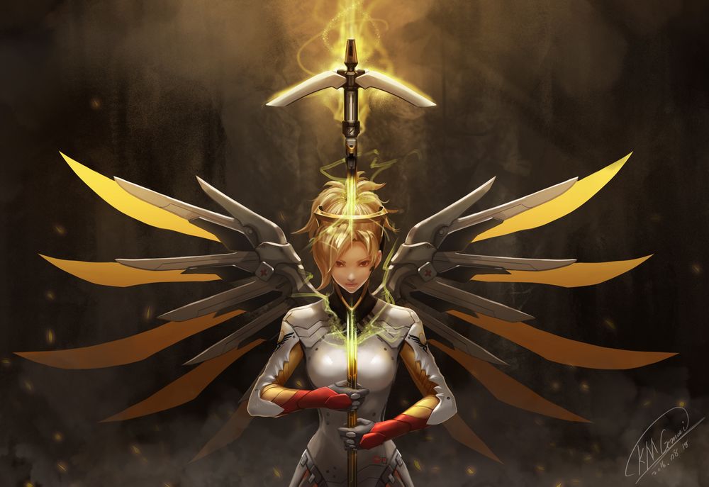 Обои для рабочего стола Mercy / Ангел / Ангела Циглер из игры Overwatch / Дозор, art by Kmgmai